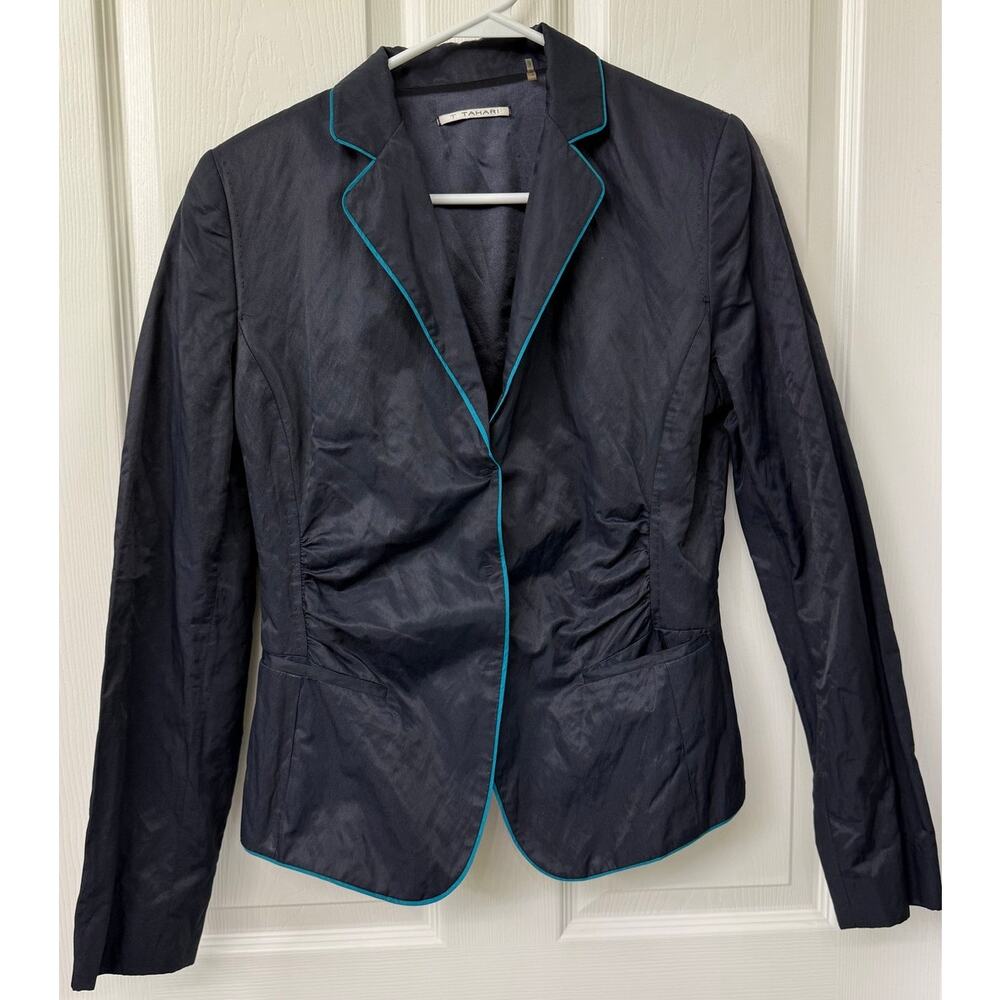 T Tahari size 10 Navy blue blazer cotton blend professional work classy